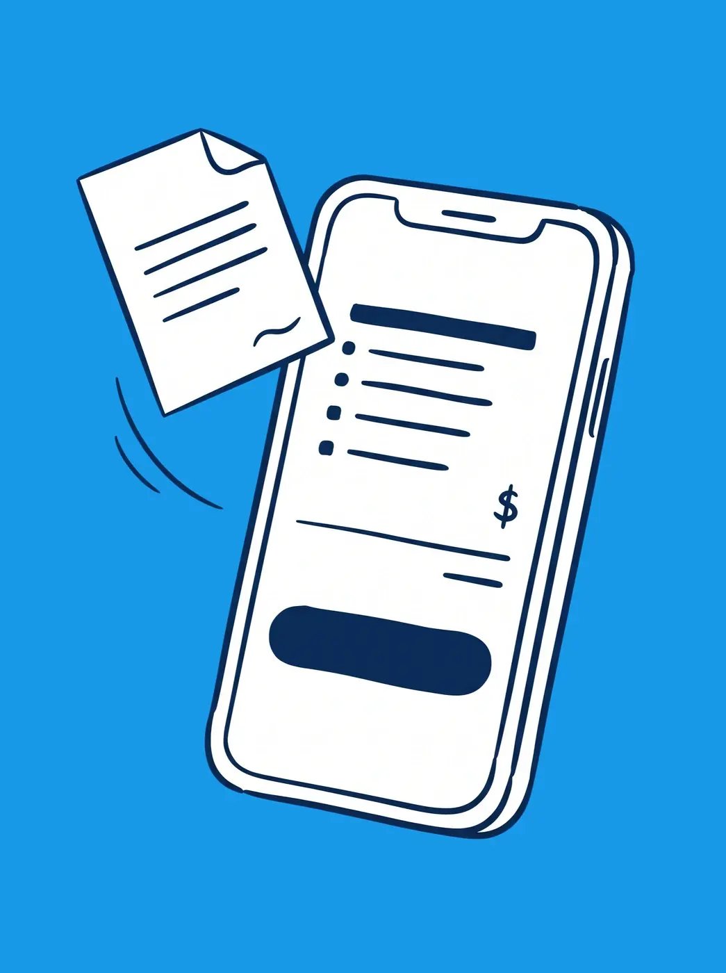 Line illustration of a signed document being delivered alongside a phone showing an itemized charge and a payment button
