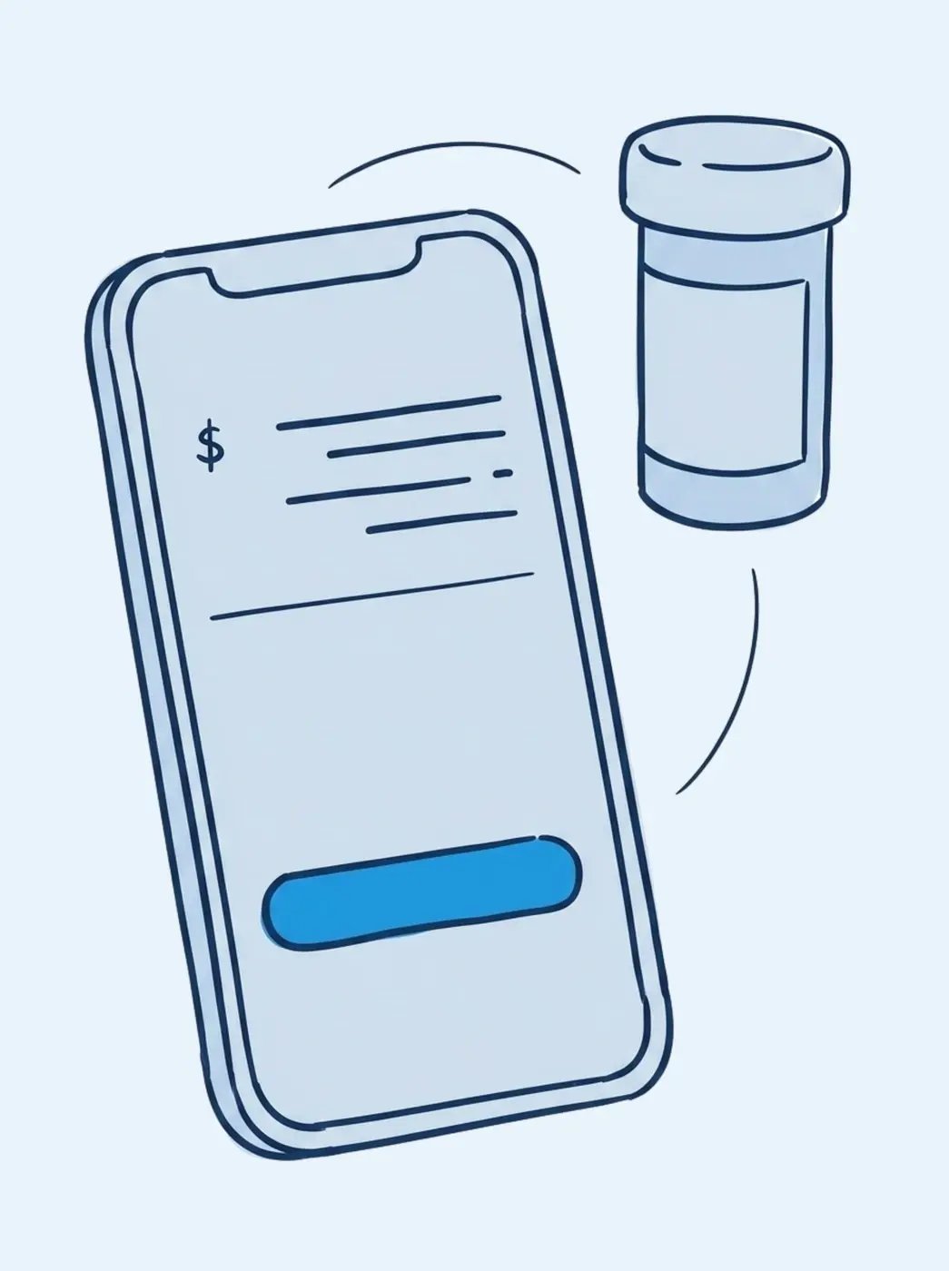 Line illustration of a phone showing a prescription charge with a payment button, next to a prescription bottle