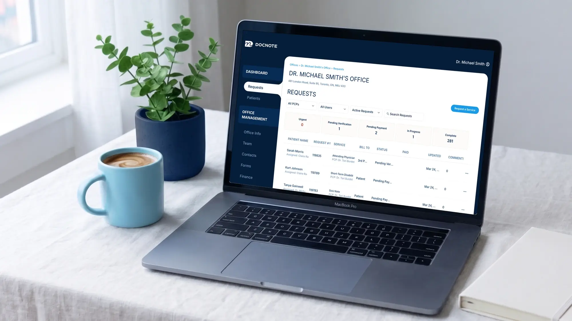 The Docnote Requests dashboard on a laptop, listing patient requests with status, billing party and payment columns