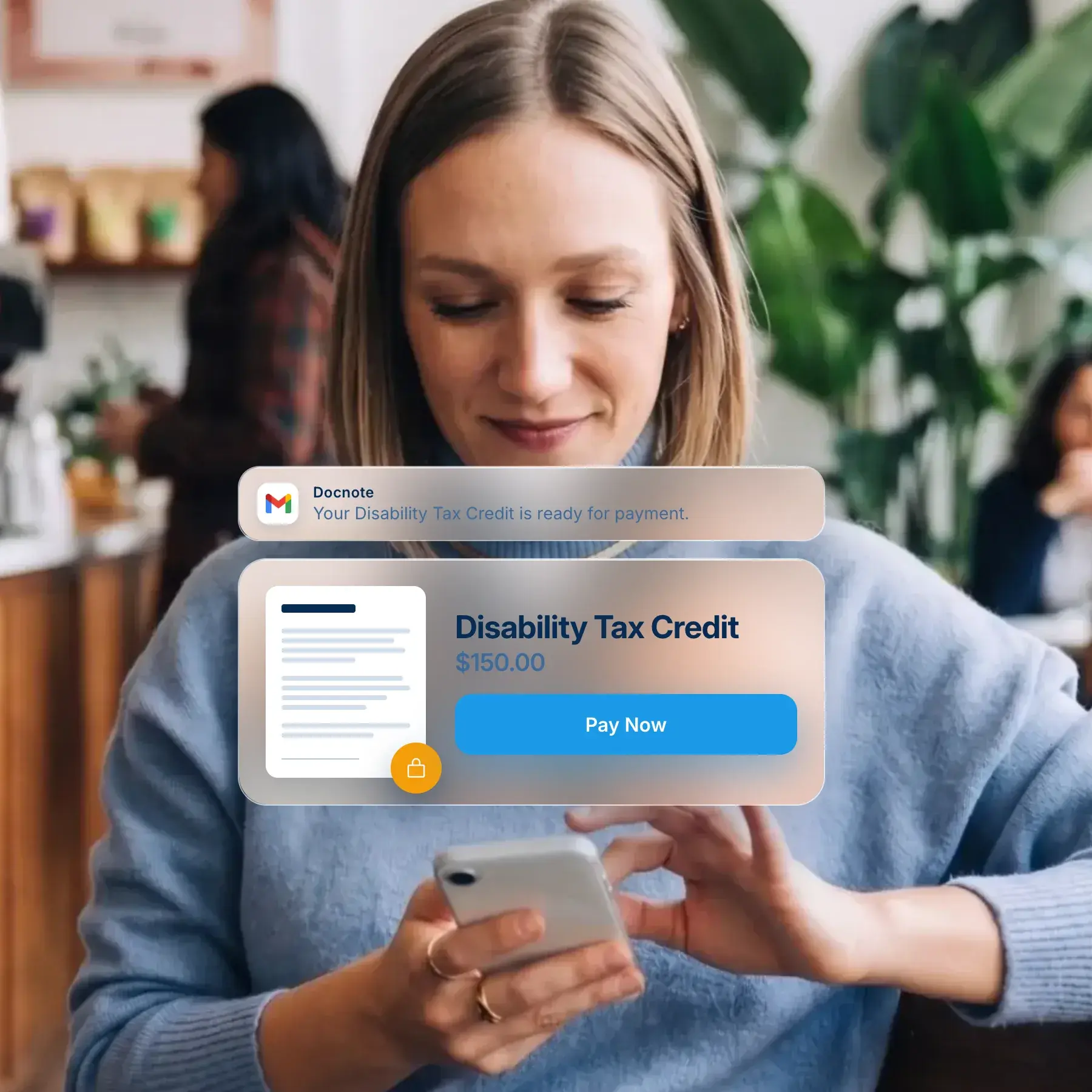 Patient reading a Docnote email on her phone with a locked Disability Tax Credit document and a $150 Pay Now button