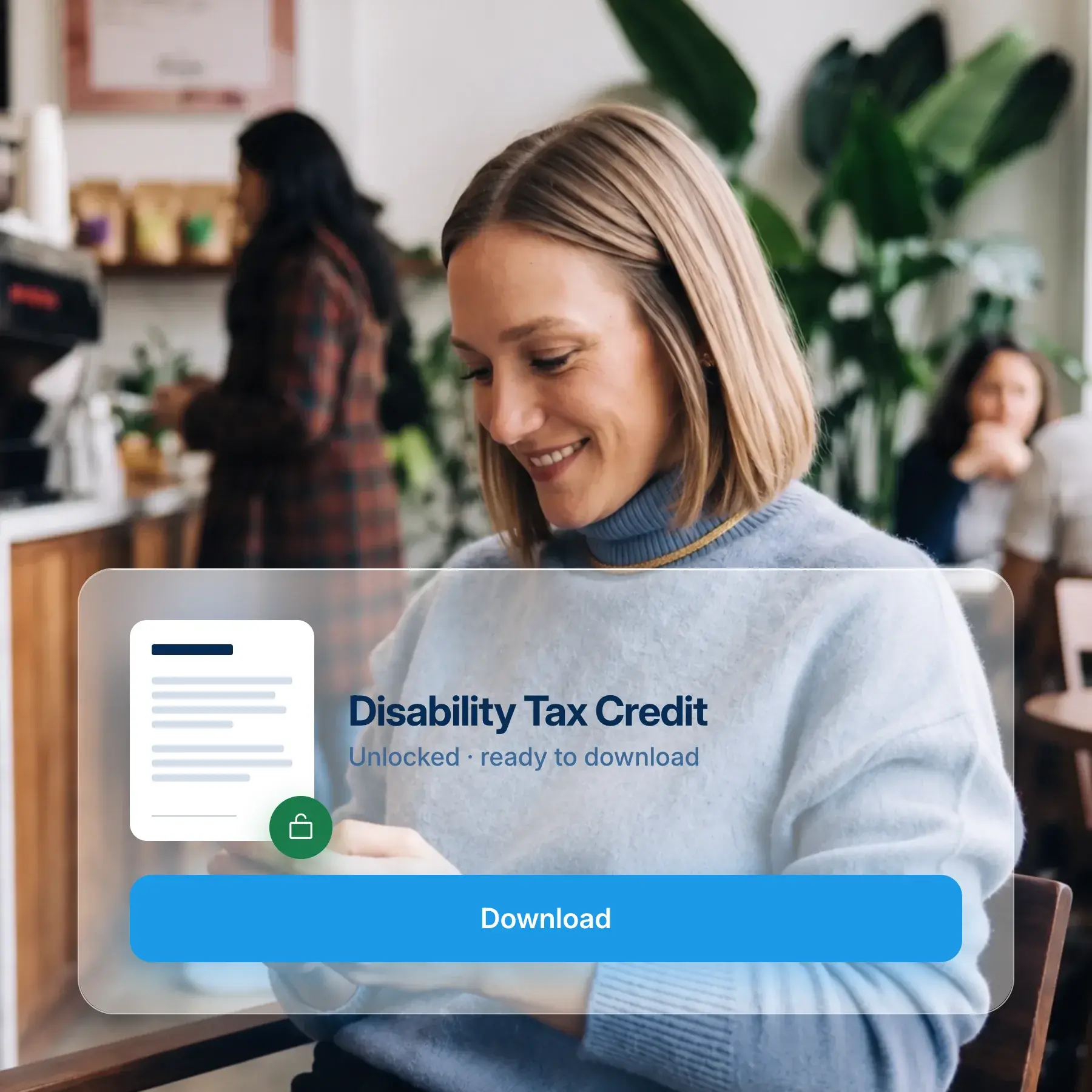 Smiling patient on her phone as the paid Disability Tax Credit document unlocks and becomes ready to download