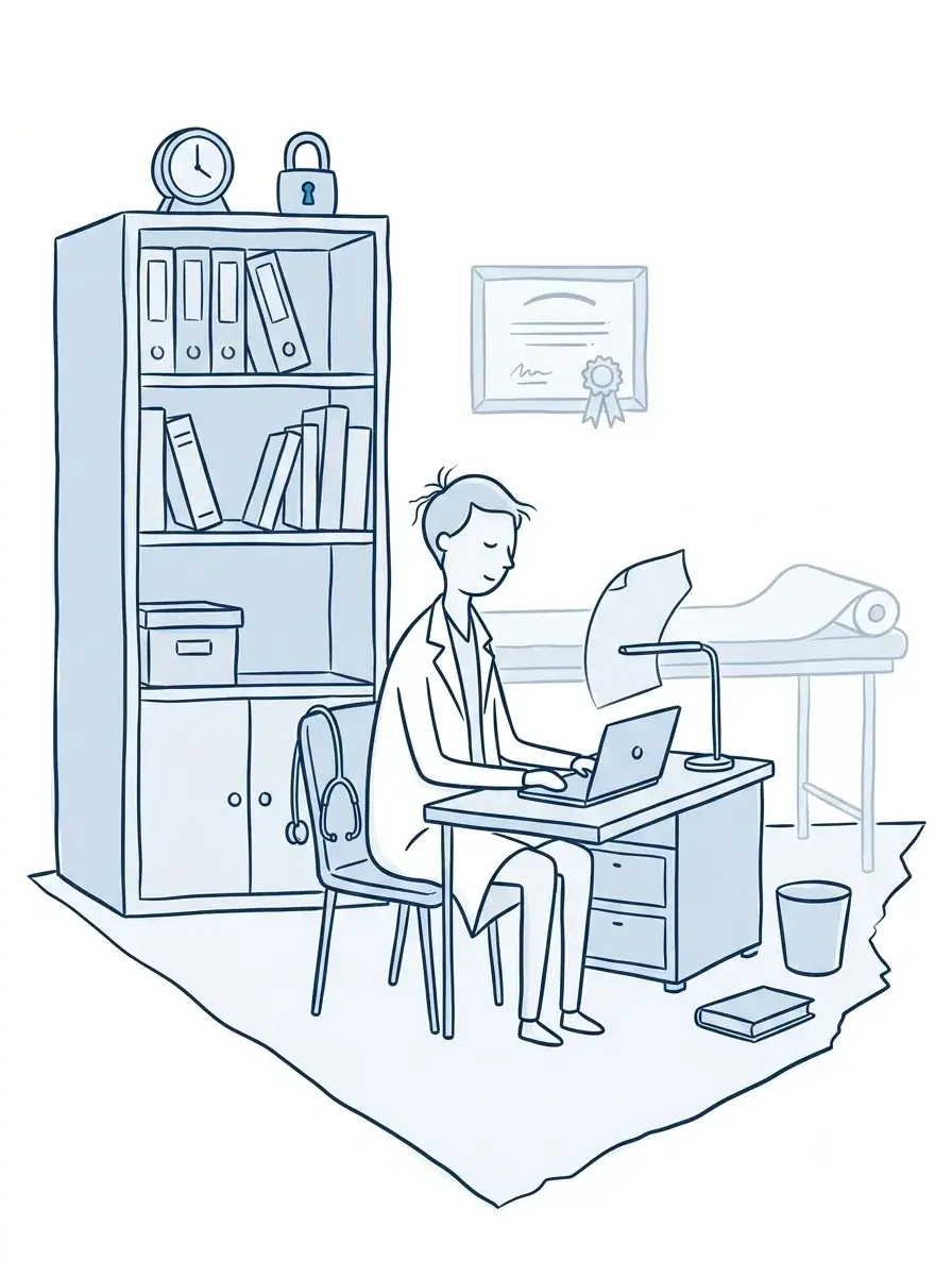Line illustration of a physician at a desk working through paperwork beside a filing cabinet and exam table