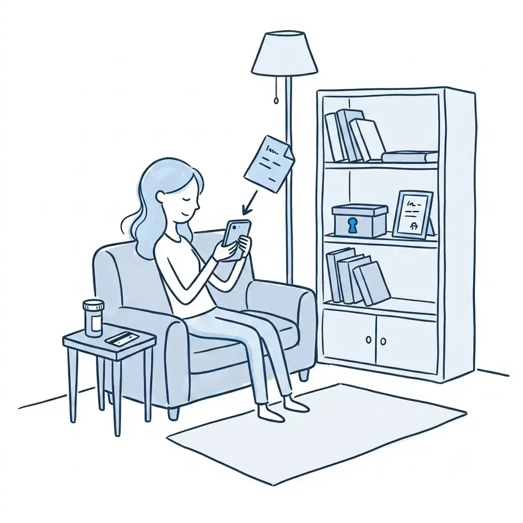 Line illustration of a patient on a couch receiving a document on her phone, a prescription bottle on the side table