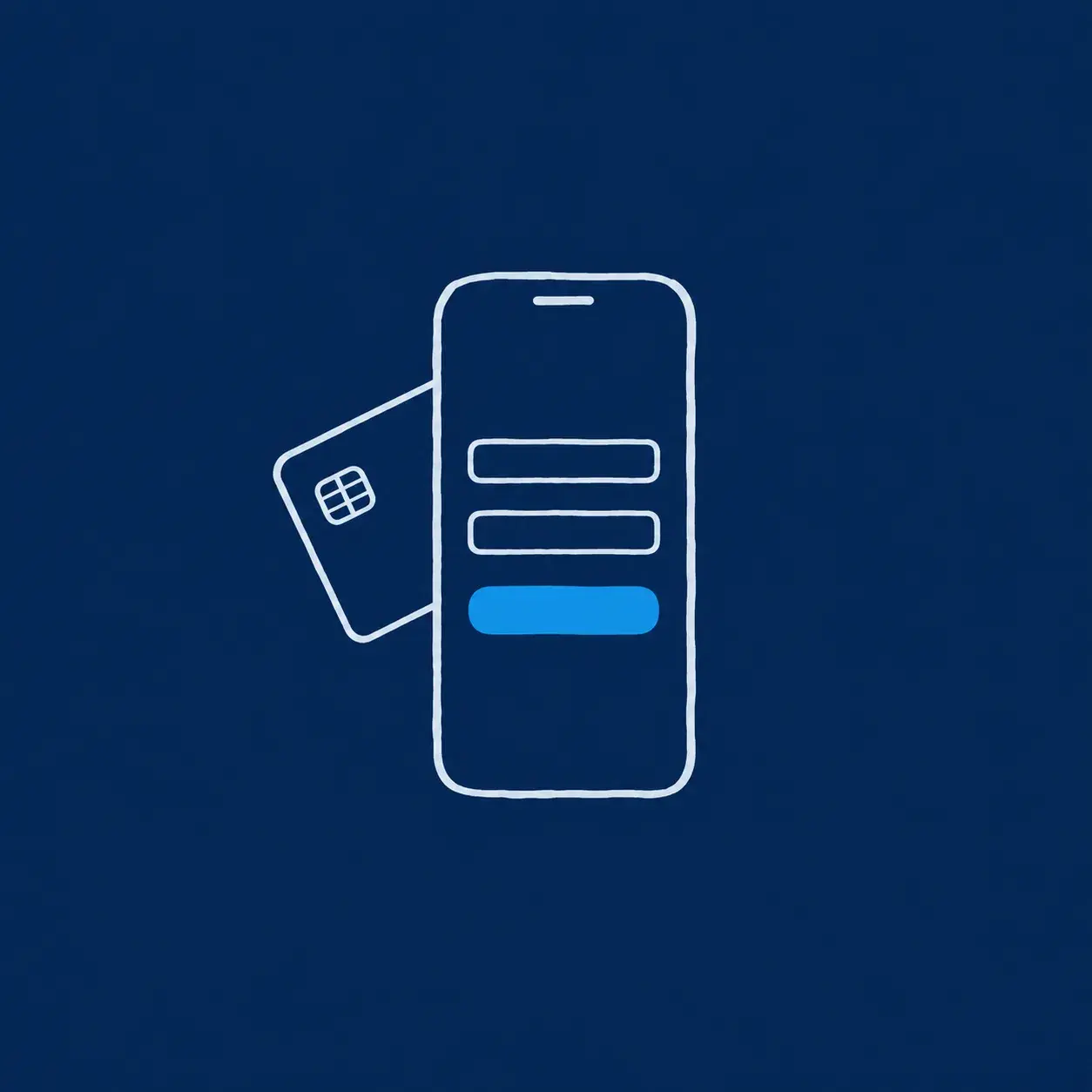 Line illustration of a payment card beside a phone checkout screen