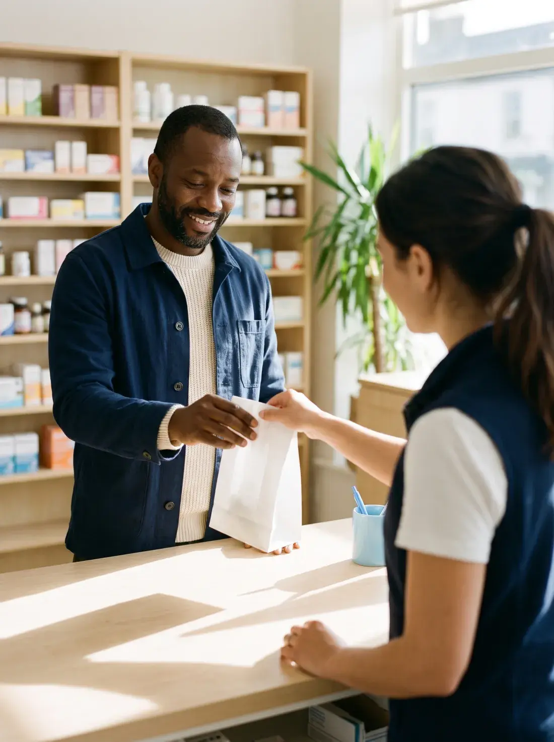 Pharmacist handing a patient his prescription bag across the pharmacy counter