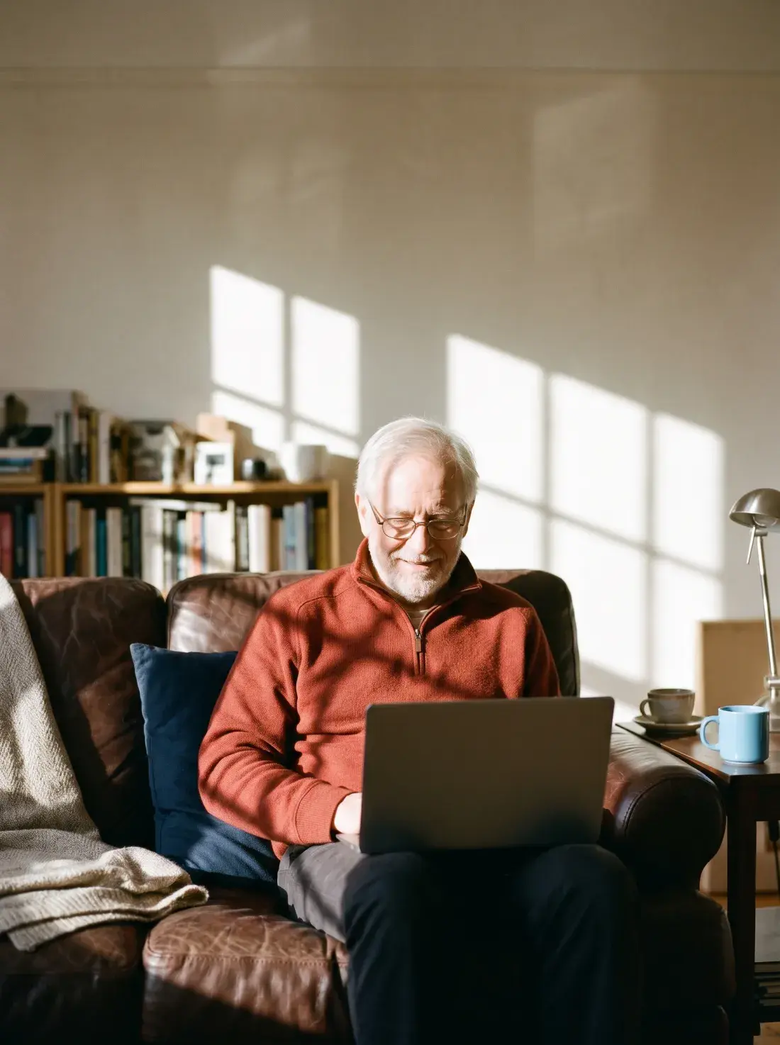 Older man on his sofa smiling as he reads on his laptop at home
