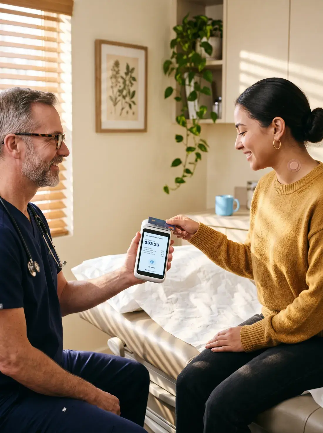 Family doctor holding the Docnote Terminal while his patient taps her card after a skin tag removal