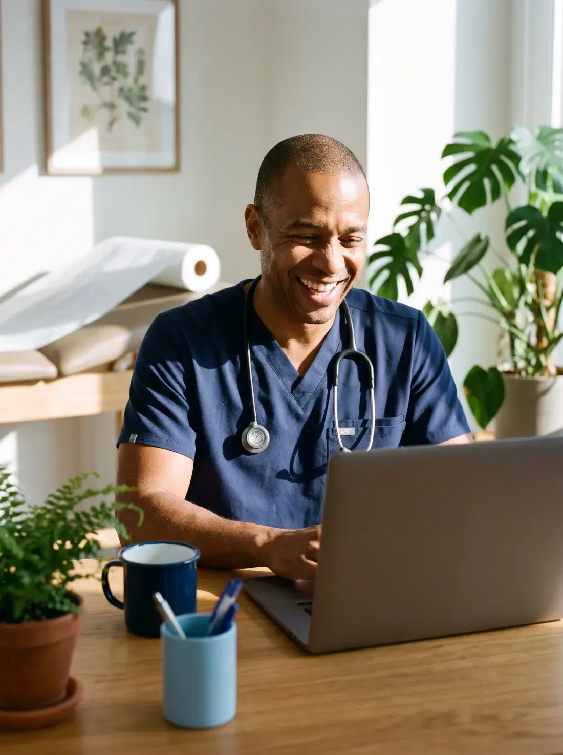 Family physician laughing as he works on a laptop in his consultation room