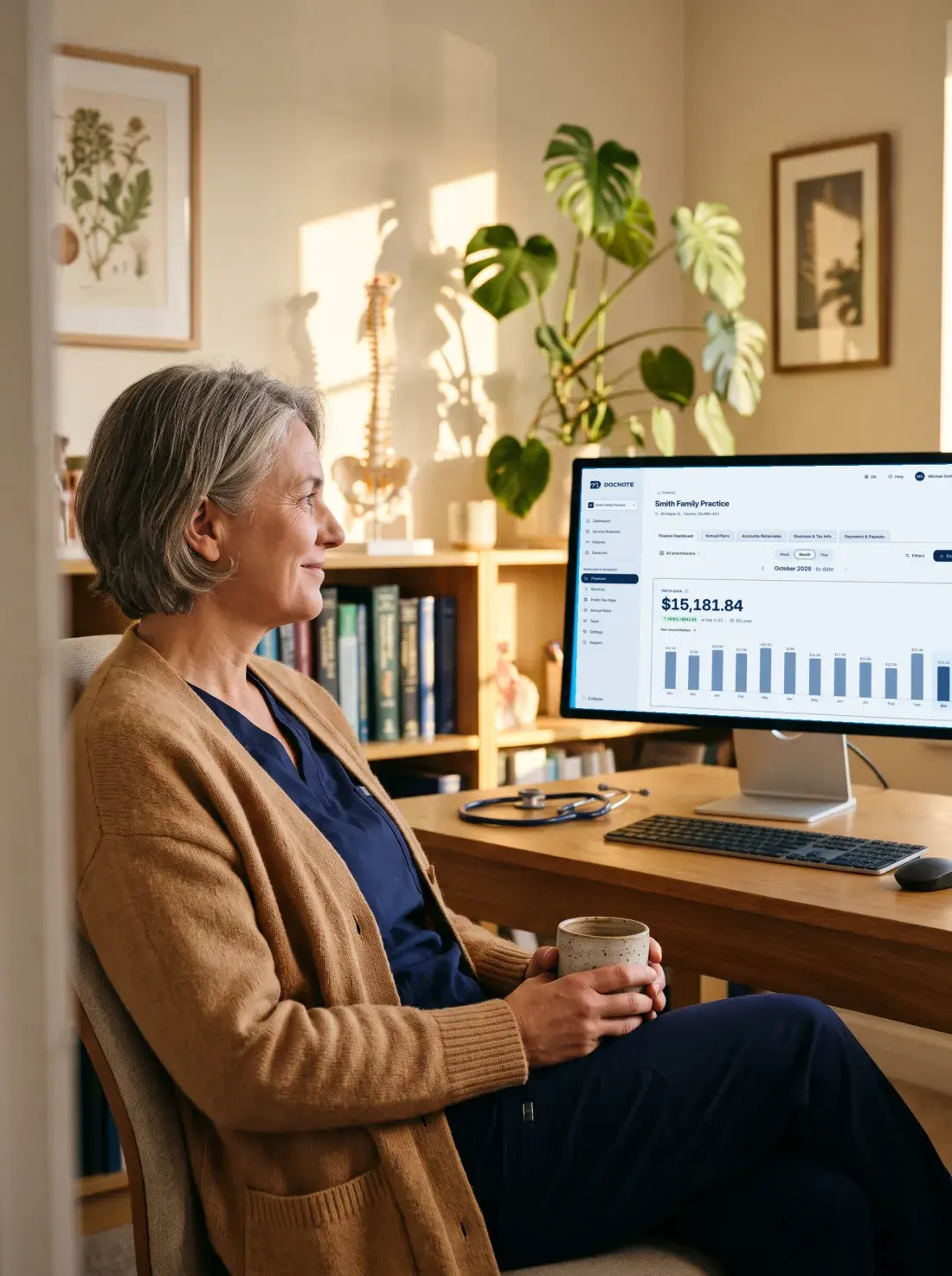 Clinic-owner doctor with a coffee looking at the Docnote finance dashboard on her monitor